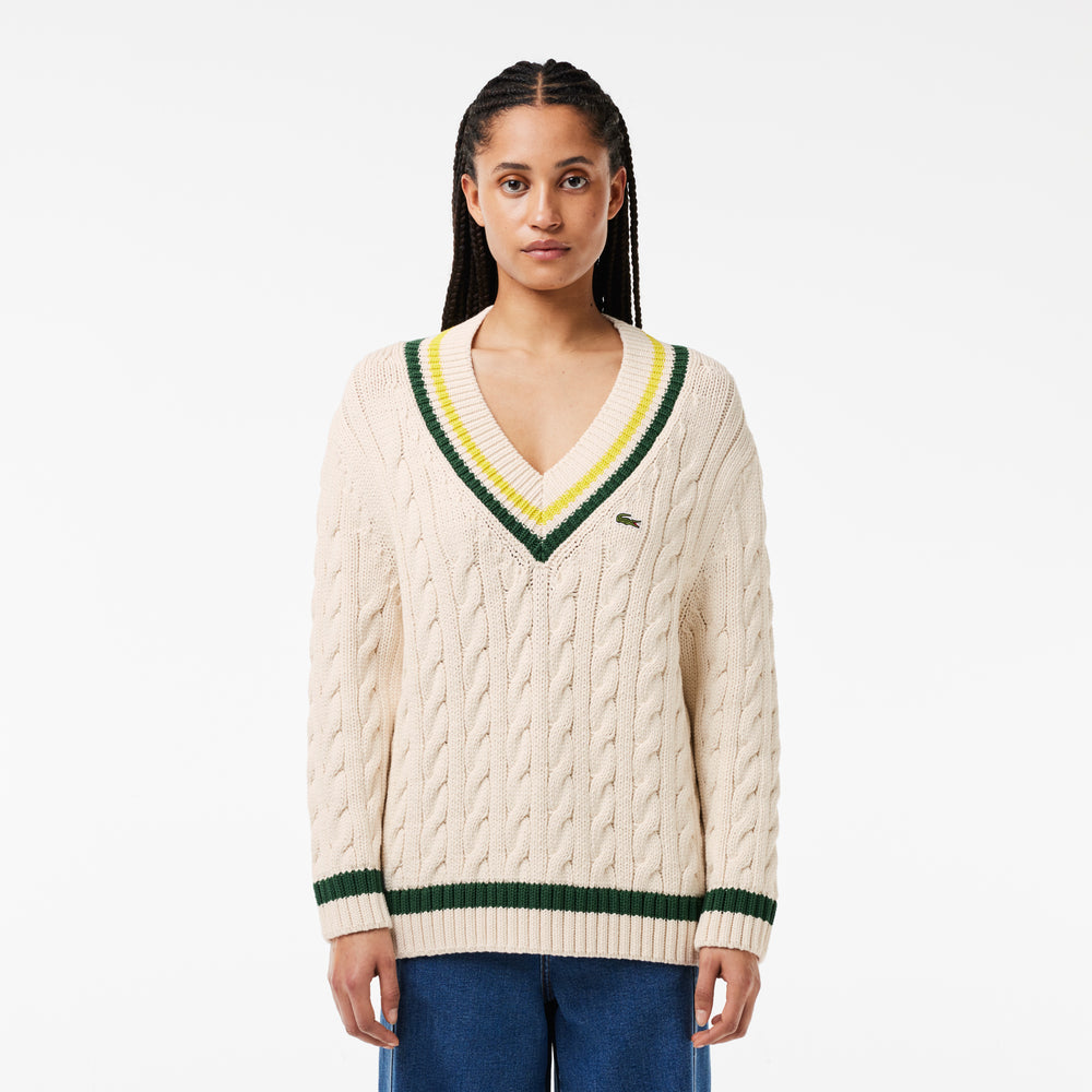 Contrast Accent Cable Knit V Neck Sweater