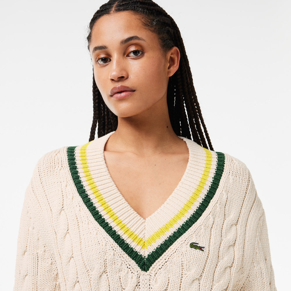 Contrast Accent Cable Knit V Neck Sweater