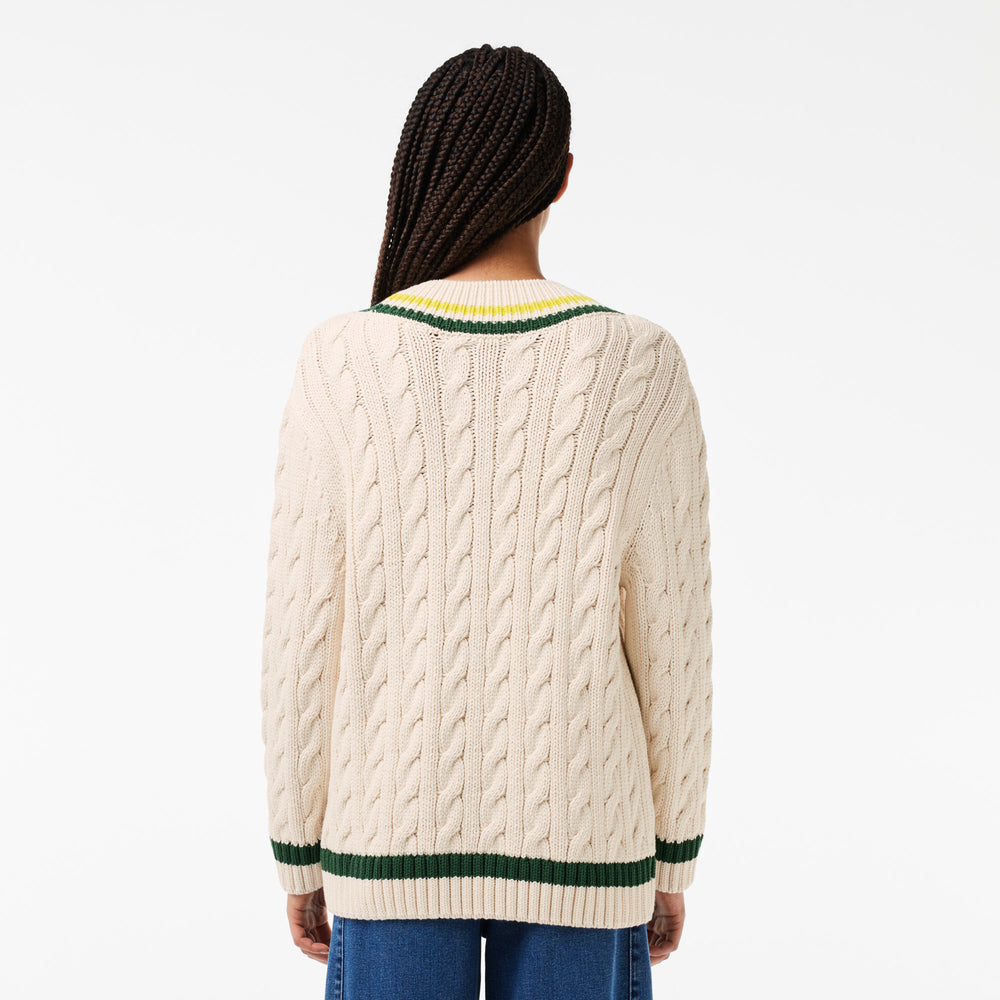 Contrast Accent Cable Knit V Neck Sweater