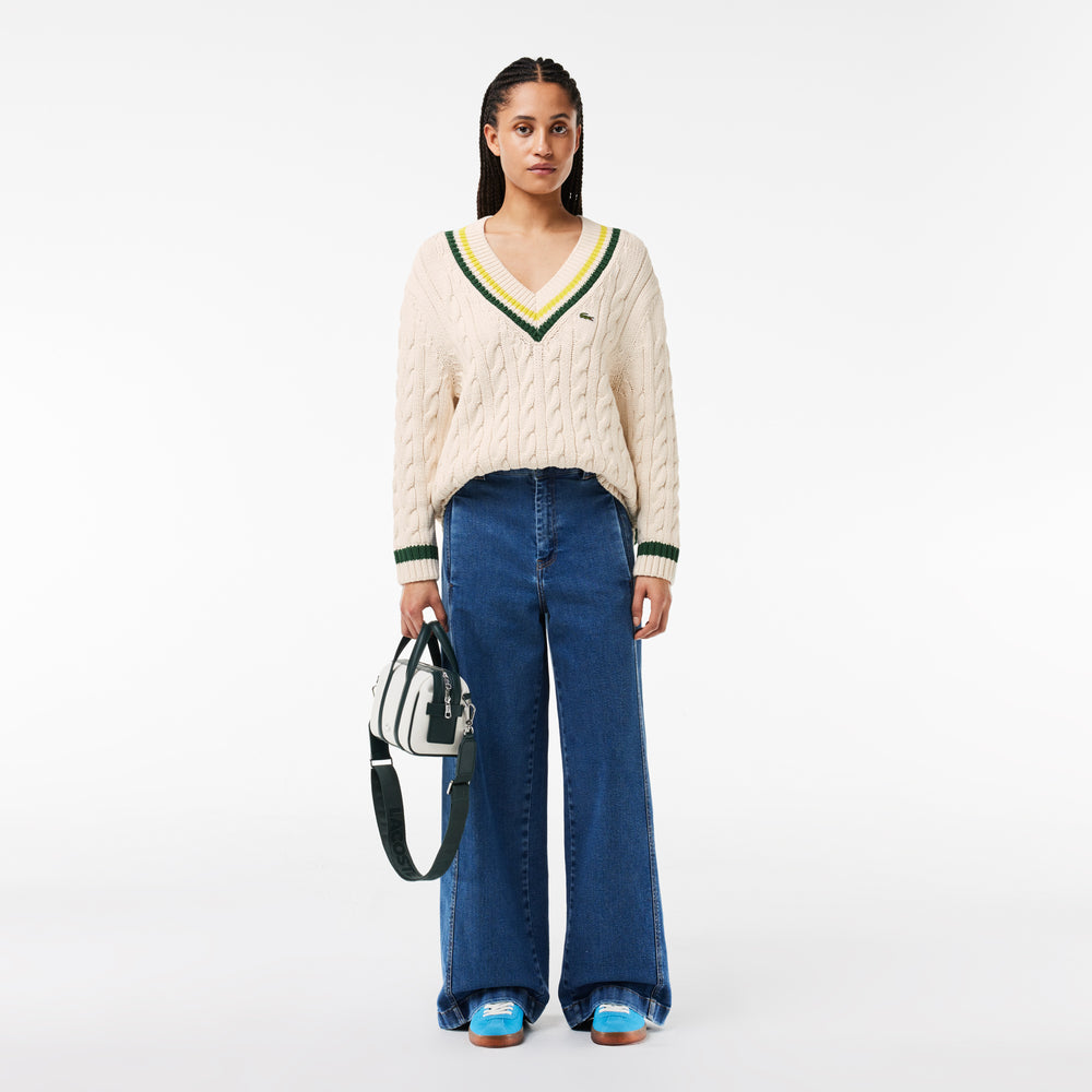 Contrast Accent Cable Knit V Neck Sweater