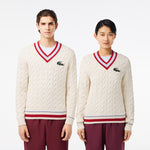 Unisex Lacoste V-Neck Cable Knit Sweater in Organic Cotton