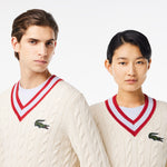 Unisex Lacoste V-Neck Cable Knit Sweater in Organic Cotton