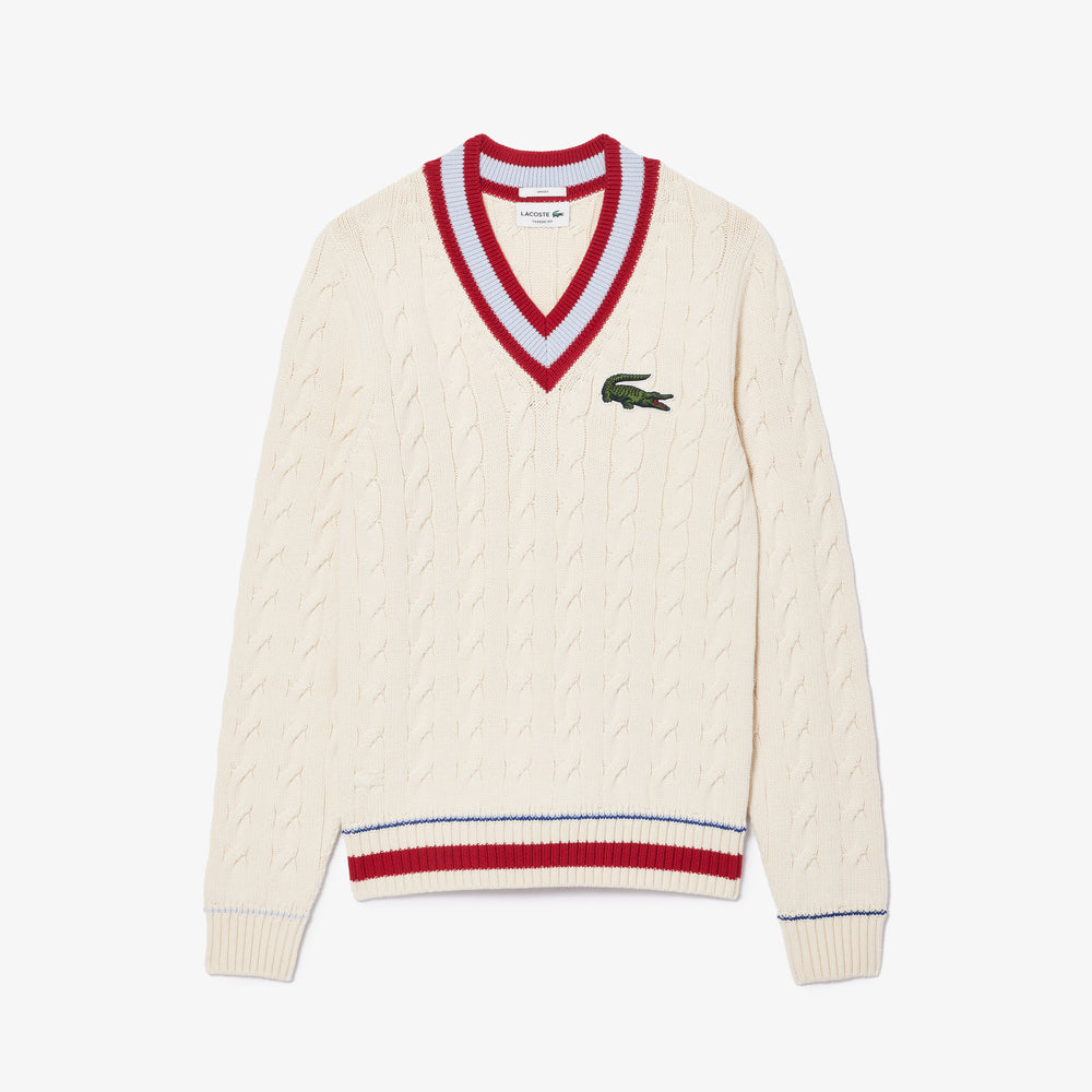 Unisex Lacoste V-Neck Cable Knit Sweater in Organic Cotton