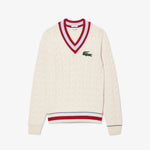 Unisex Lacoste V-Neck Cable Knit Sweater in Organic Cotton