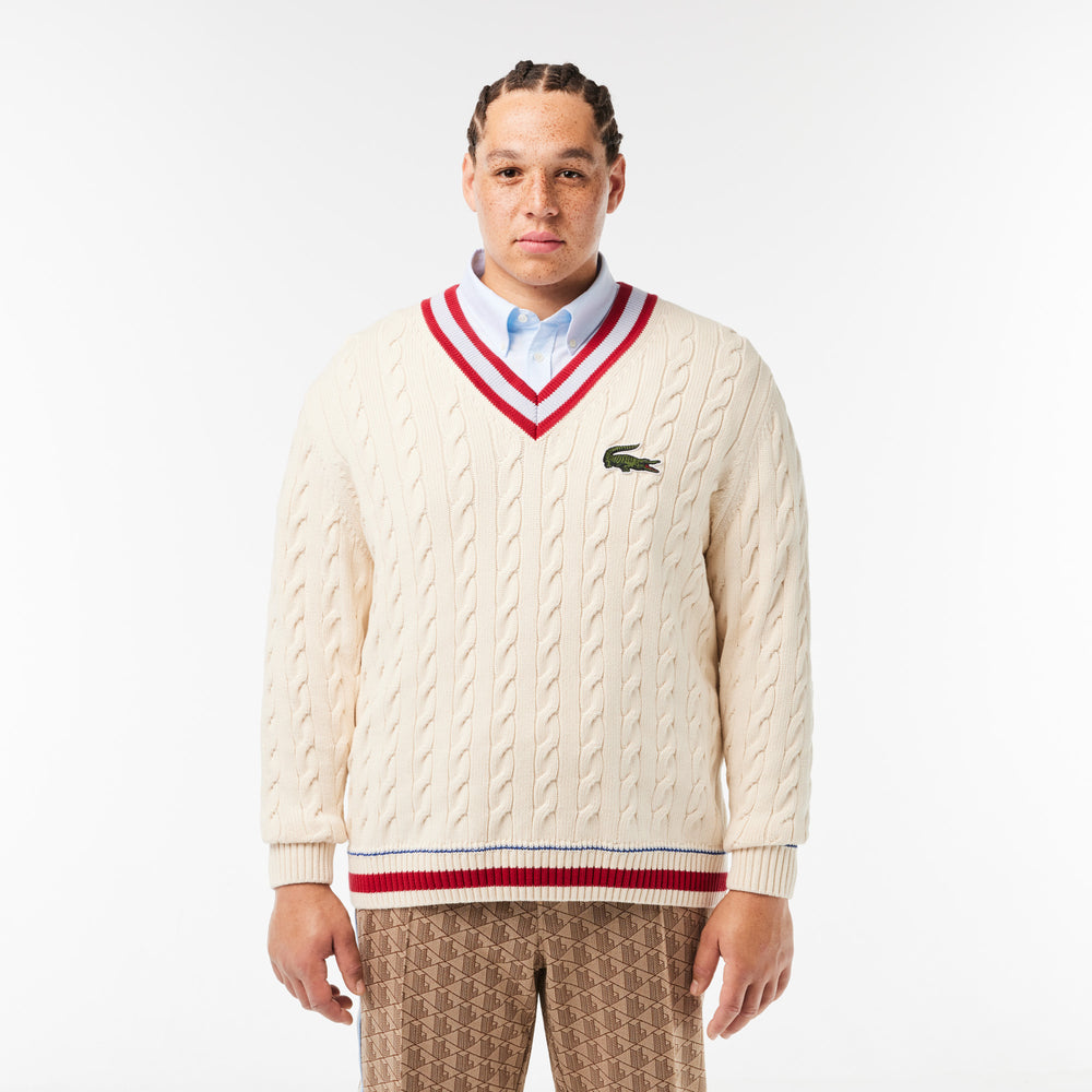 Unisex Lacoste V-Neck Cable Knit Sweater in Organic Cotton