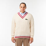 Unisex Lacoste V-Neck Cable Knit Sweater in Organic Cotton